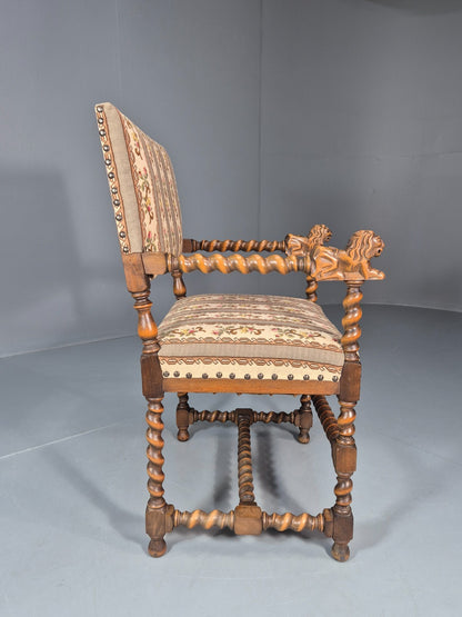 17th Century Style Carved Chair Lions Arms Barley Twist Frame 1960 EB10774 VCAR5