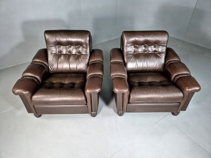 2 Vintage Danish Lounge Chairs Brown Leather Vinyl Retro MCM 1970s EB7177 MNOR - UKDK FURNITURE