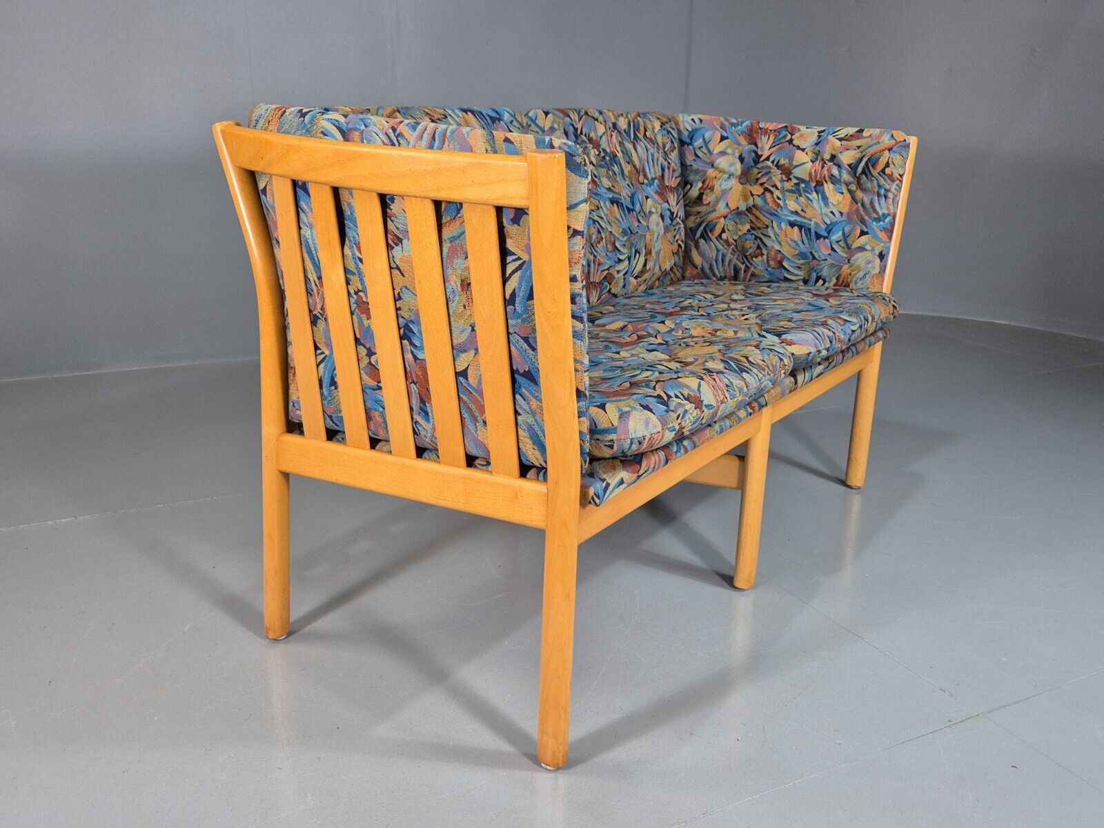 Vintage Danish 2 Seat Sofa Blue Floral Beech Frame 1980s Retro EB7453 M2SS - UKDK FURNITURE