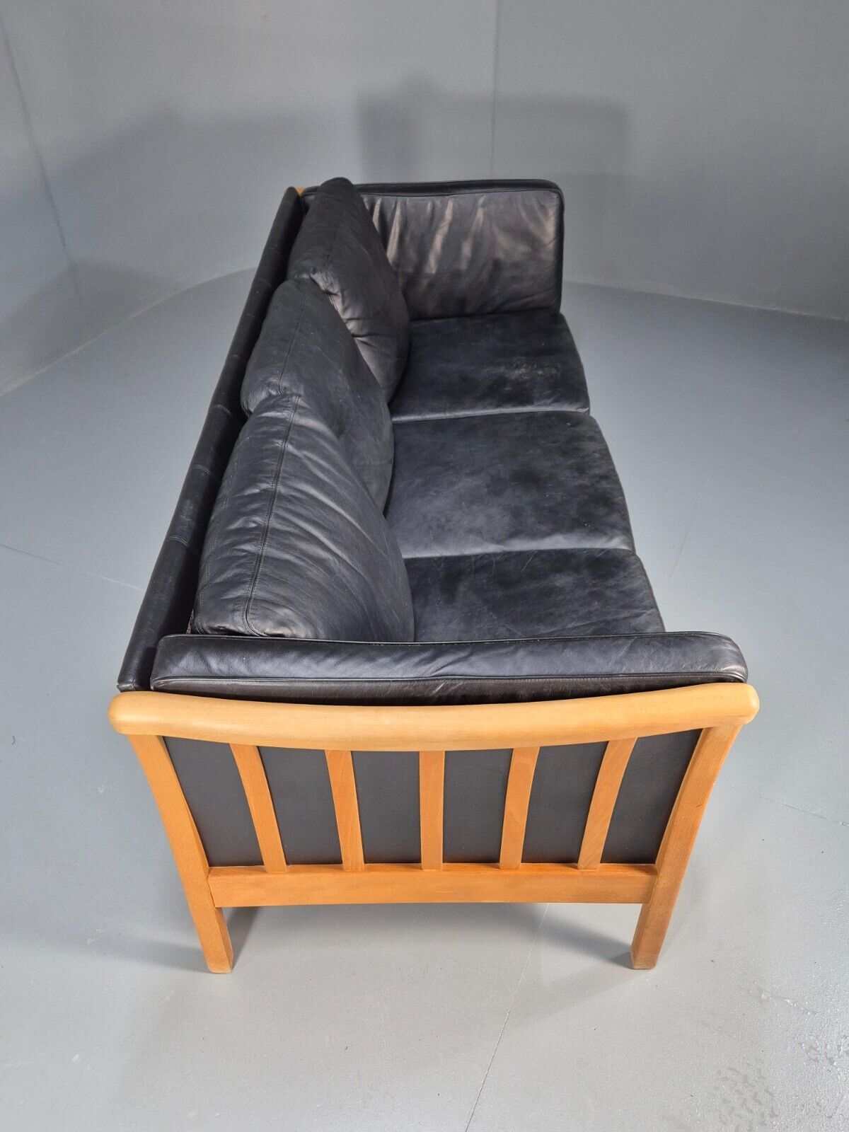 Vintage 3 Seat Sofa Black Leather Beech Ends Stouby Retro 1980s MCM EB8593 M3SS - UKDK FURNITURE