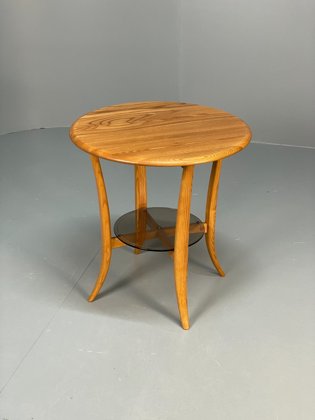 Vintage Ercol Side Table - Solid Blonde Elm Glass Magazine Rack EB10978 MWOO0