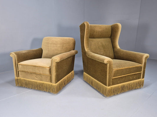 2 High and Low Back Danish Midcentury Chairs Green Velour Tassels EB8968 MNOR - UKDK FURNITURE
