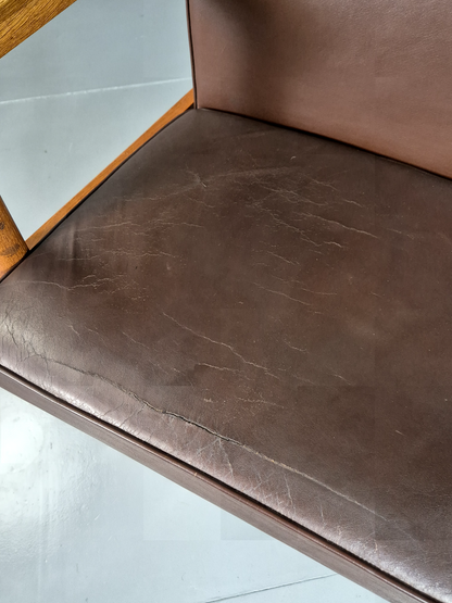 Vintage Scandinavian Elbow Chair Brown Leather Oak Frame Retro MCM EB7067 MNOR - UKDK FURNITURE