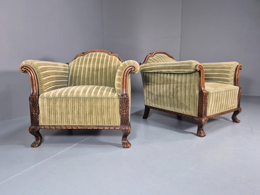 2 Antique Deep Lounge Chairs Oak Frame Green Corduroy 1900s  EB10758 VCAR0