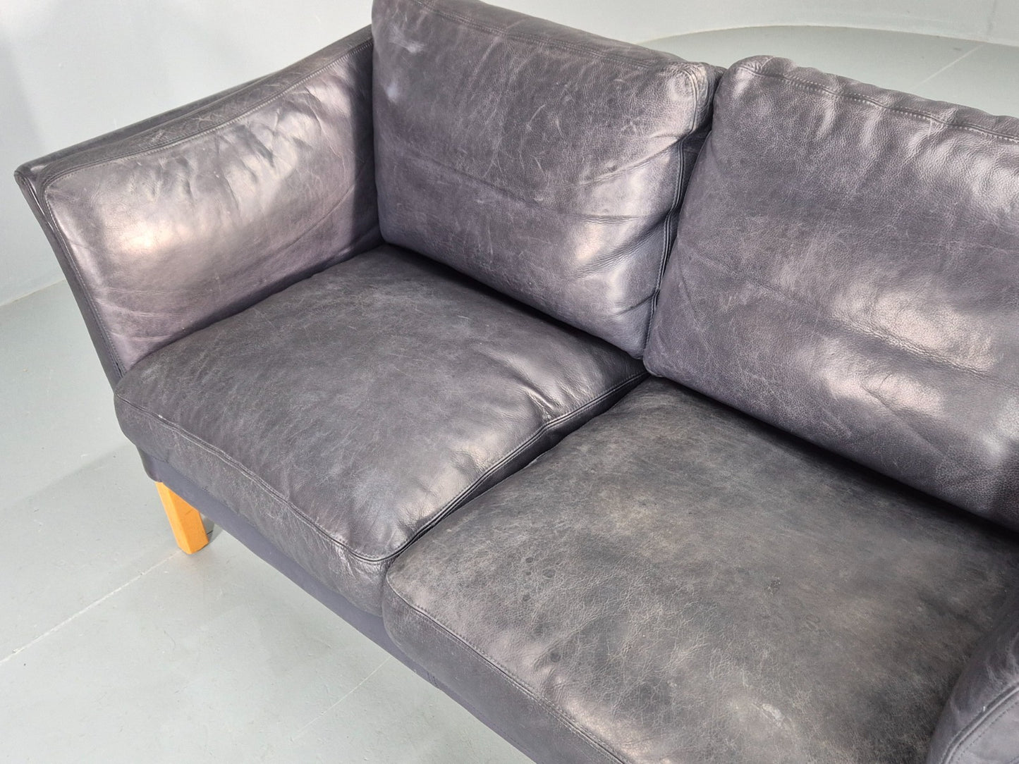 Vintage 2 Seater Sofa Danish Blue Leather Mid Century 1980s Retro EB9069 M2SS19