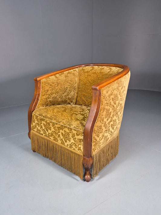 Art Deco Tub Chair Danish Vintage Gold Moquette Tassels Oak Frame  EB10753 VCLO1