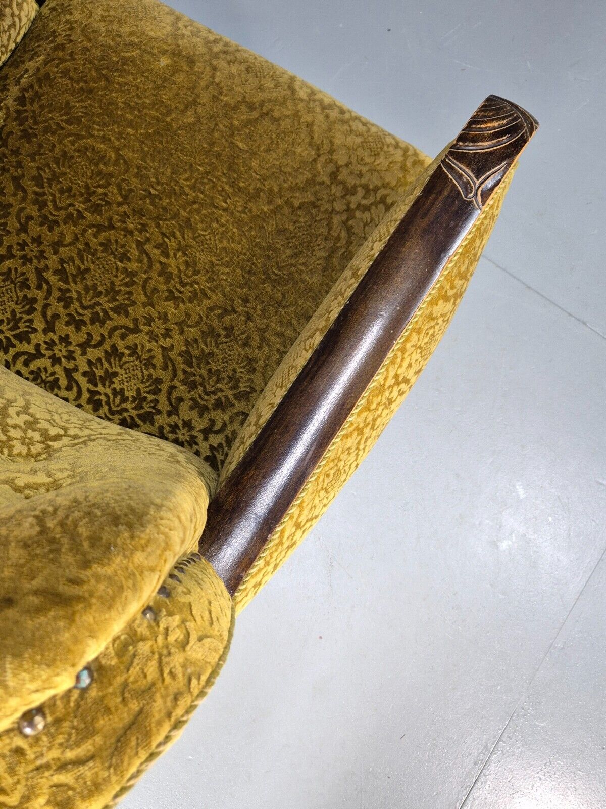 Vintage Danish Lounge Chair Gold Moquette Wood Frame 1920s Art Deco EB8975 VCLO - UKDK FURNITURE