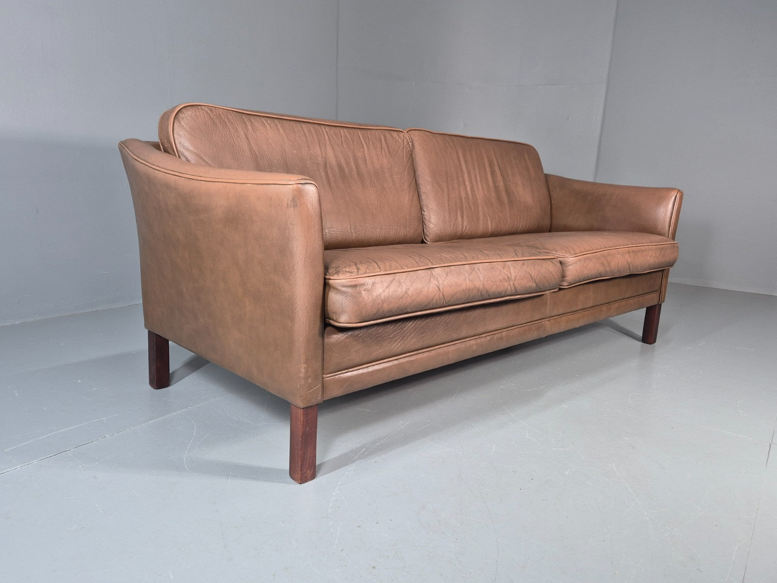Vintage Danish 2.5 Seater Brown Leather 1970s Retro Mid Century EB11629 M3SS1
