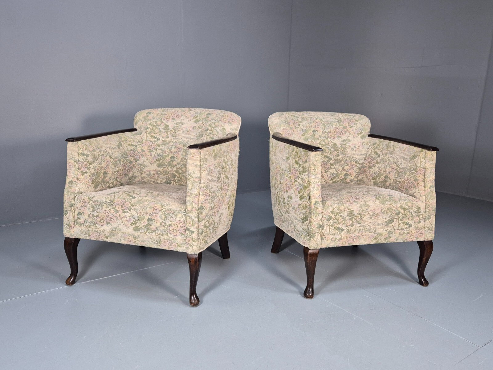 2 Vintage Danish Tub Chairs 1940s Floral Cotton 1980s Makeover EB9645 VCLO - UKDK FURNITURE