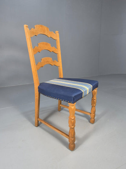Six Oak Dining Chairs Blue Fabric Henning Kjaernulf Style Vintage EB9361 MDIN - UKDK FURNITURE