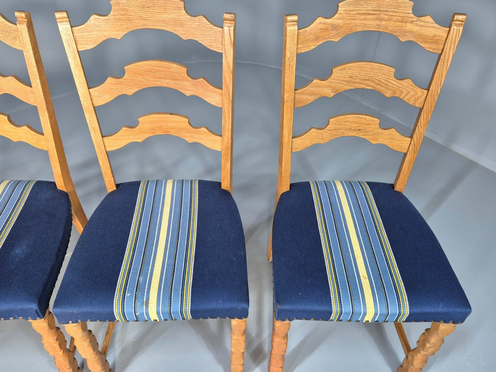 Six Oak Dining Chairs Blue Fabric Henning Kjaernulf Style Vintage EB9361 MDIN - UKDK FURNITURE