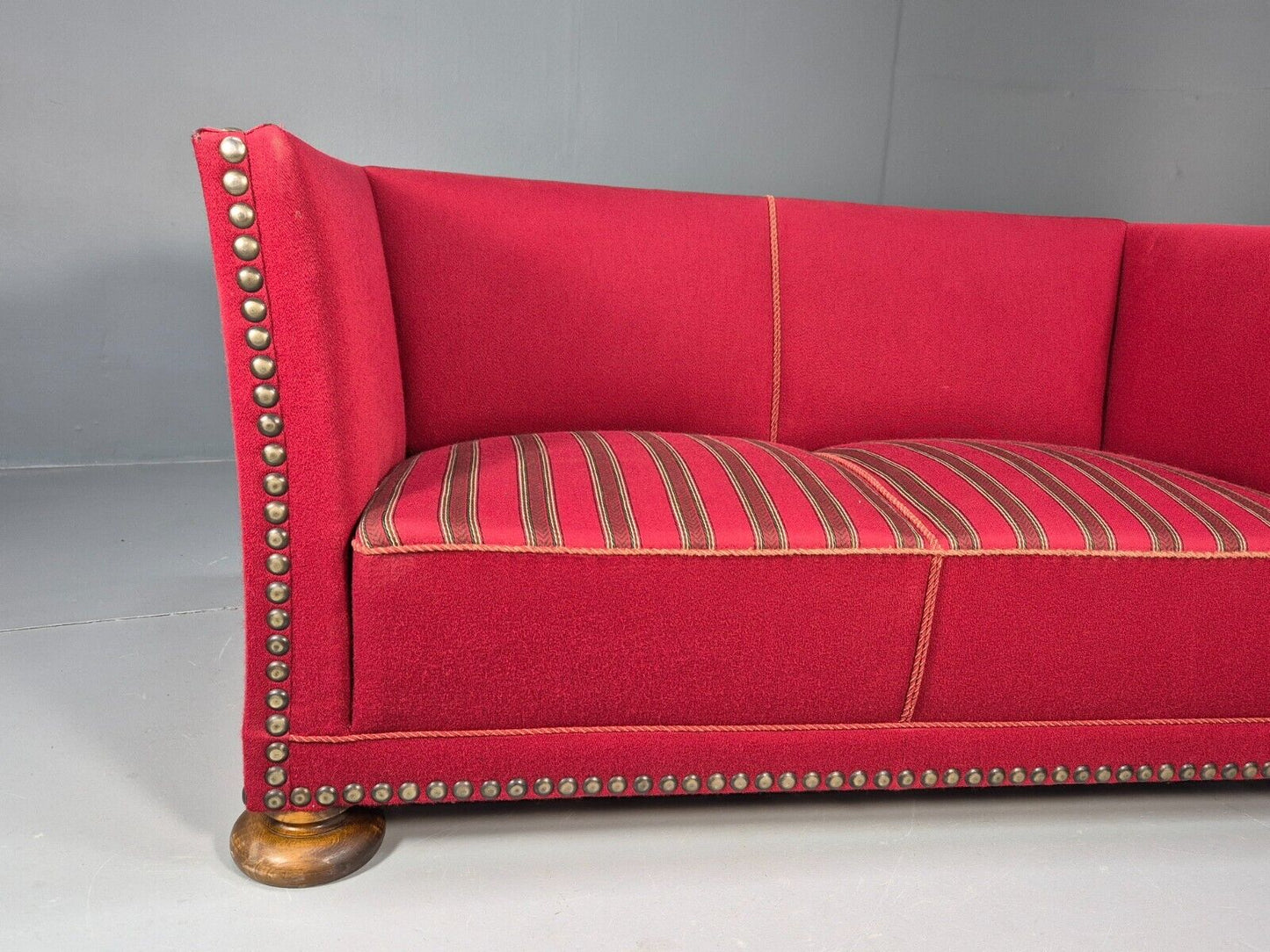 Vintage Danish 2 Seat Sofa Red Wool Oak Bun Feet Antique 1920s EB8940 M2SS - UKDK FURNITURE