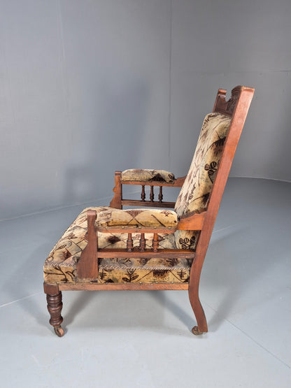 Antique Mahogany Library Chair Beige Geometric Fabric Edwardian EB9703 VCAR - UKDK FURNITURE