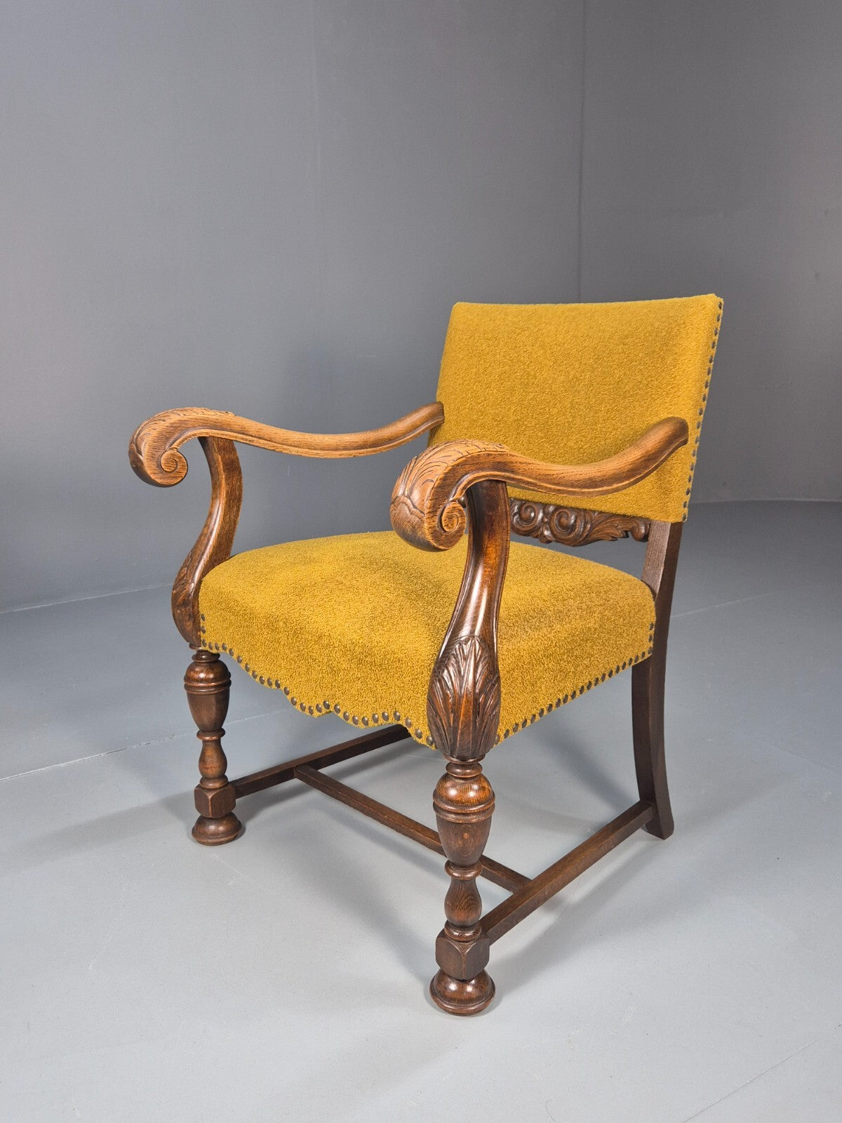 Vintage Danish Elbow Chair Yellow Carved Oak Frame 18th C Style EB9654 VCLO - UKDK FURNITURE