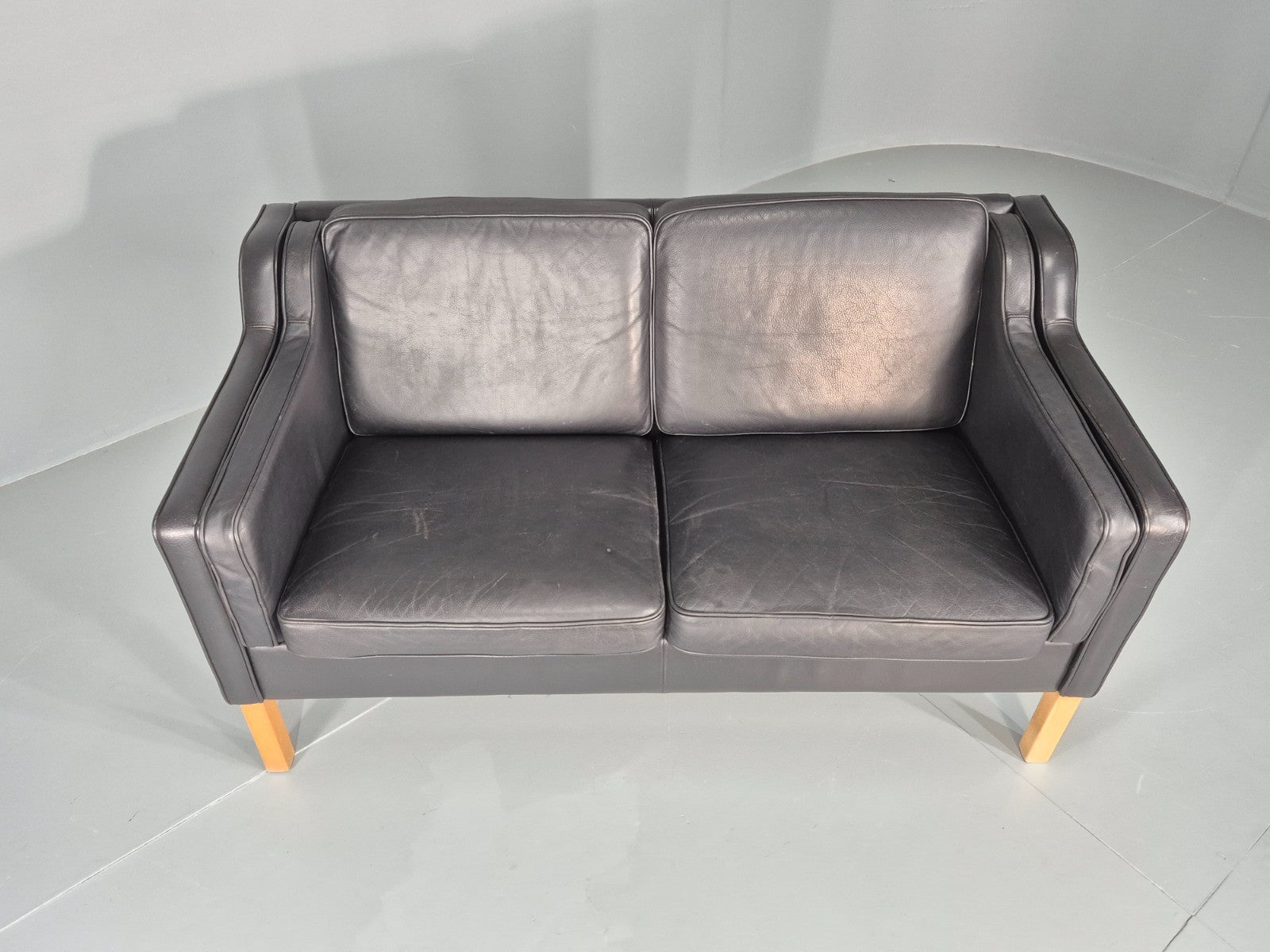 Vintage 2 Seat Sofa Danish Black Leather Mogensen Style Retro 1980s EB10464 M2SS5