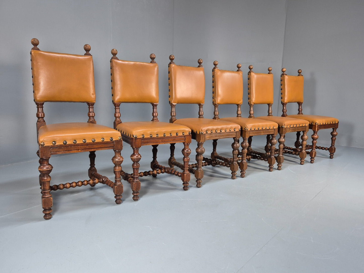 6 Vintage Danish Baroque Style Dining Chairs Tan Leather and Oak 50s EB9747 VDIN - UKDK FURNITURE