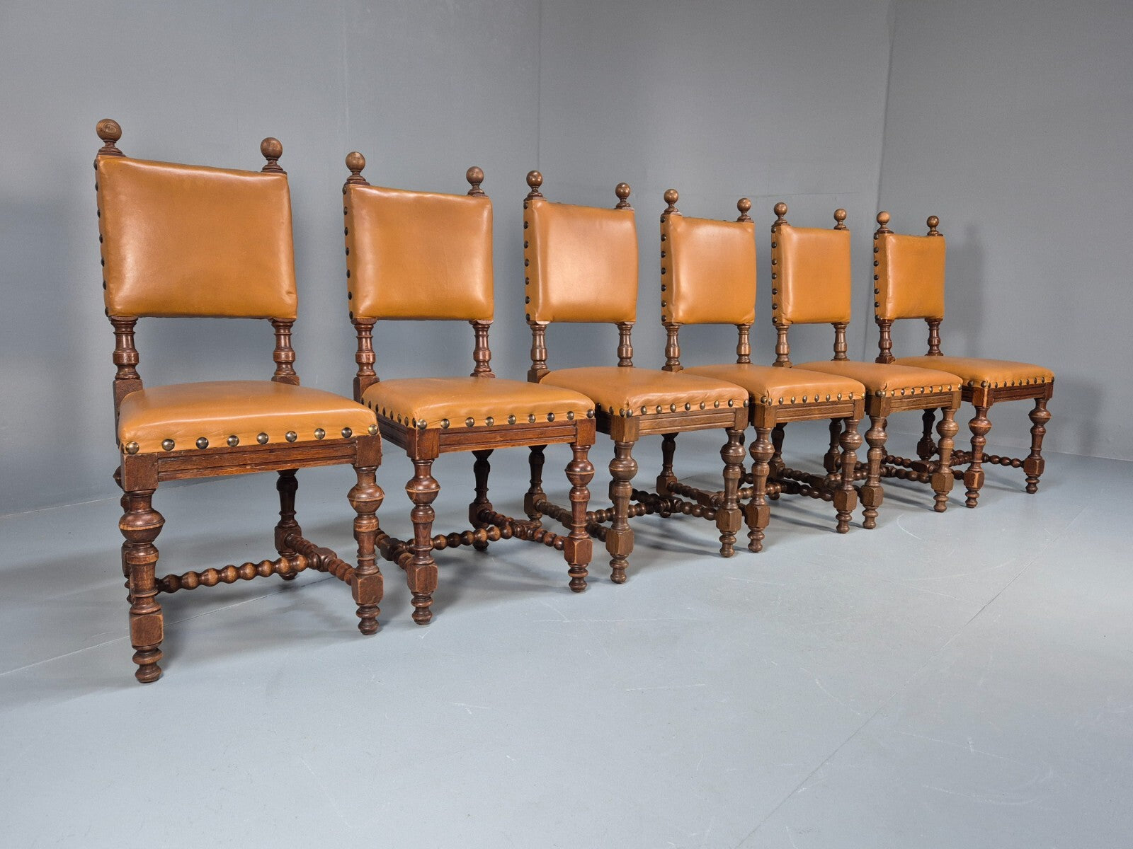 6 Vintage Danish Baroque Style Dining Chairs Tan Leather and Oak 50s EB9747 VDIN - UKDK FURNITURE