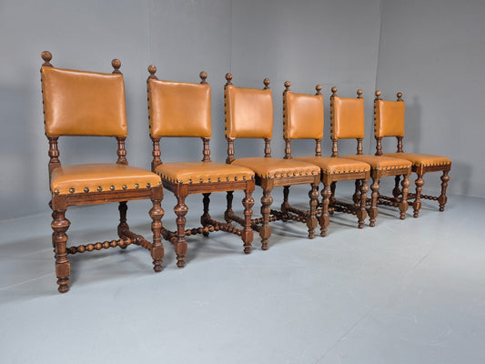6 Vintage Danish Baroque Style Dining Chairs Tan Leather and Oak 50s EB9747 VDIN - UKDK FURNITURE