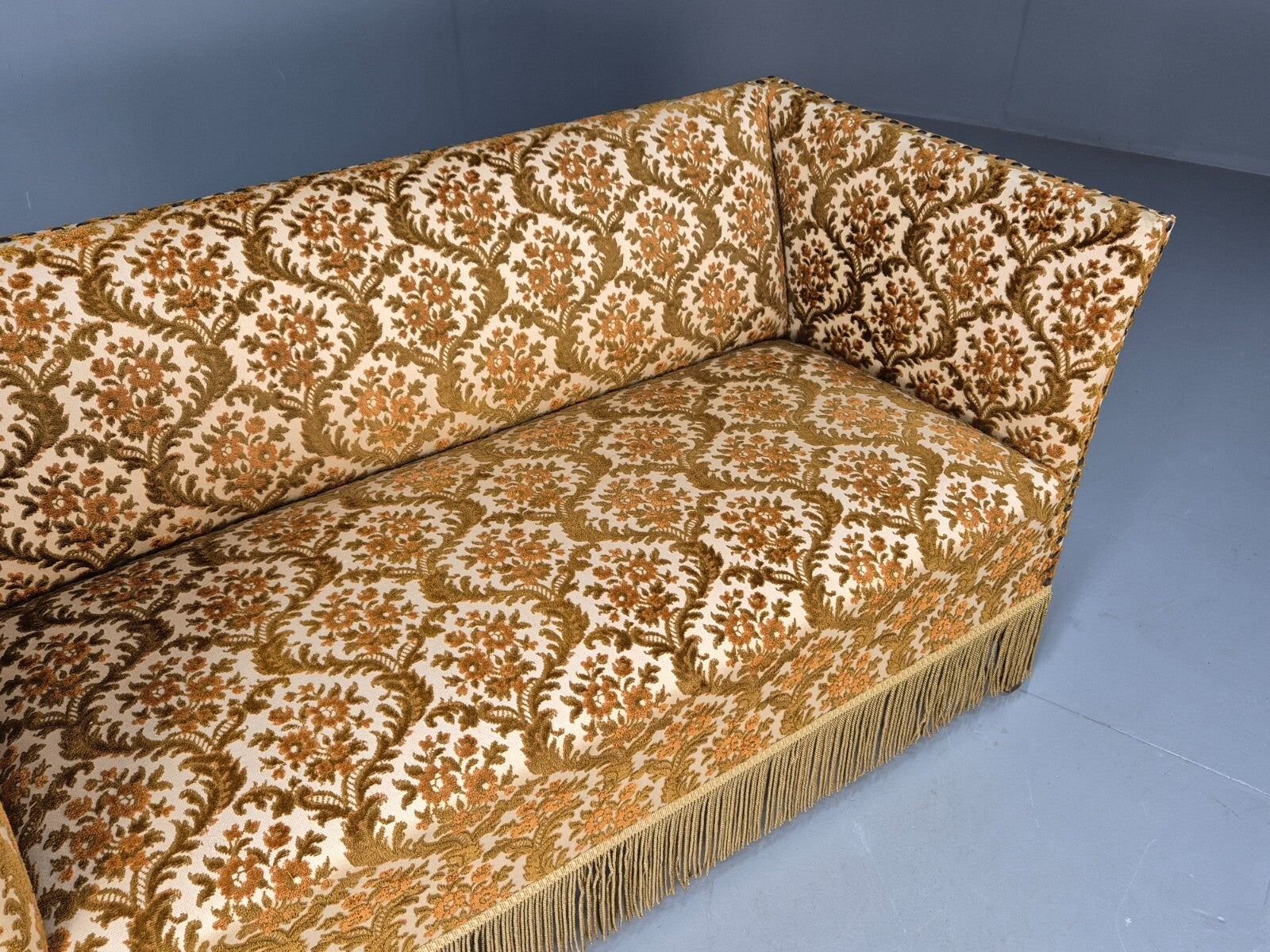 Vintage Danish 2 Seat Sofa Compact and Boxy Gold Moquette Tassels EB9588 V2SS - UKDK FURNITURE