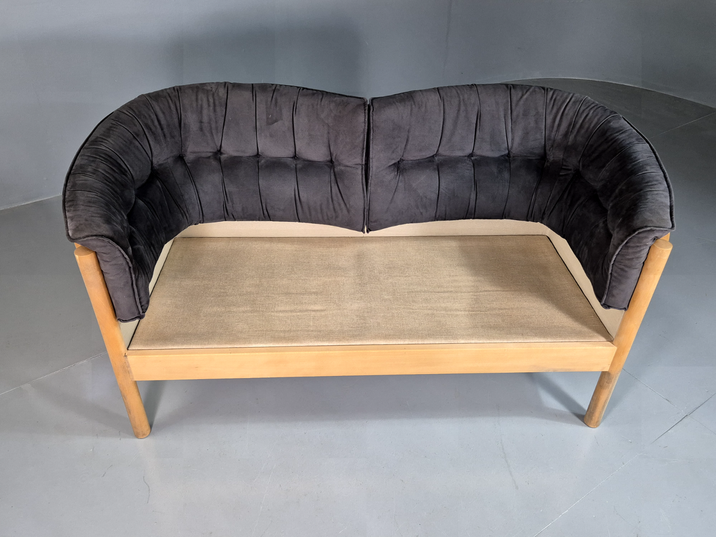 2 Seat Sofa Slate Velour Beech Frame Curved Vintage Danish Retro MCM EB7198 M2SS4