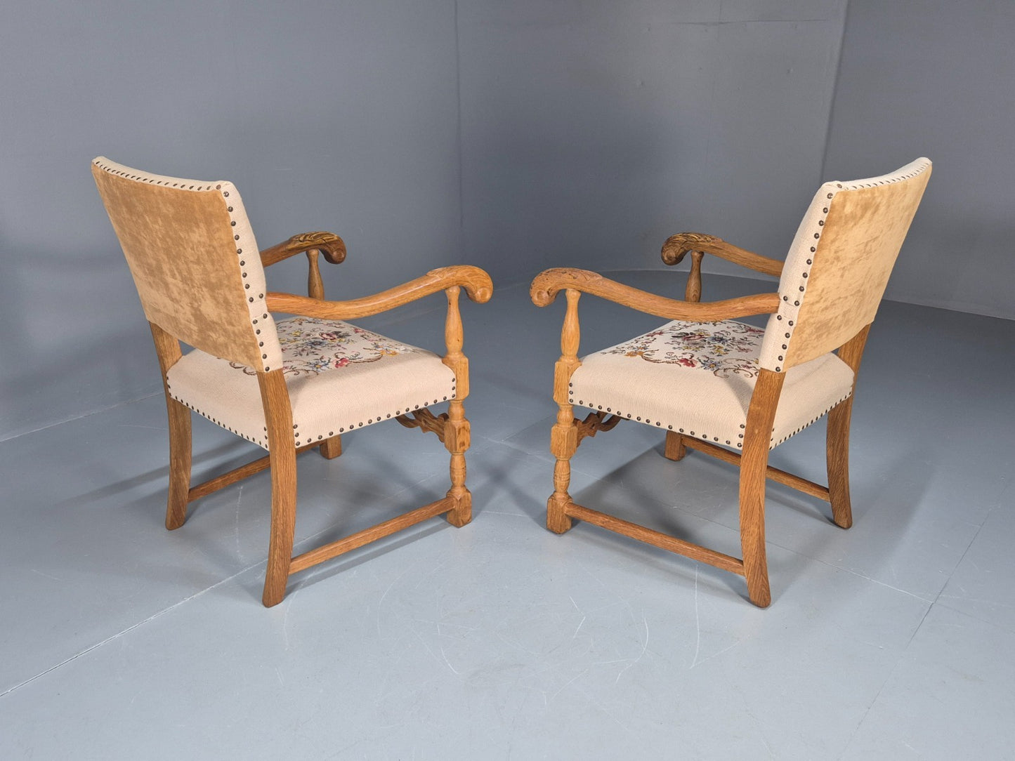 2 Baroque Elbow Chairs Oak Frame Vintage Denmark Floral Upholstery EB10727 VCAR12