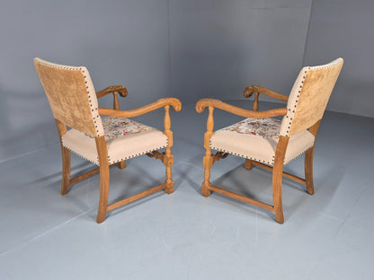 2 Baroque Elbow Chairs Oak Frame Vintage Denmark Floral Upholstery EB10727 VCAR12