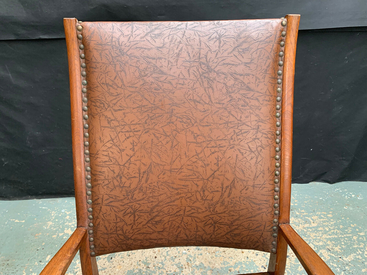 Danish Oak & Brown Vinyl High-Back Arm Chair Elbow Desk Vintage EB1949 VDIN - UKDK FURNITURE