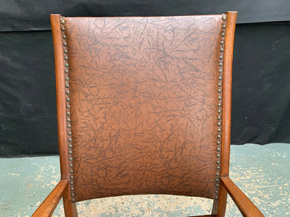 Danish Oak & Brown Vinyl High-Back Arm Chair Elbow Desk Vintage EB1949 VDIN - UKDK FURNITURE