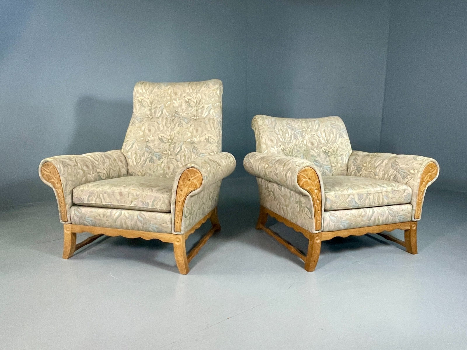 2 Danish Lounge Chairs Kjaernulf Oak Floral Cotton Vintage Retro EB6749 MNOR0