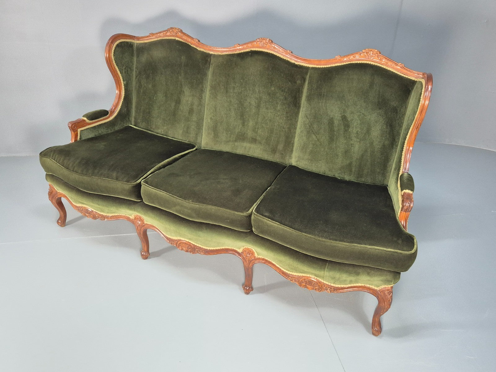 Vintage Rococo Style Three Seater Sofa Green Velour Carved Frame   EB10567 V3SS5