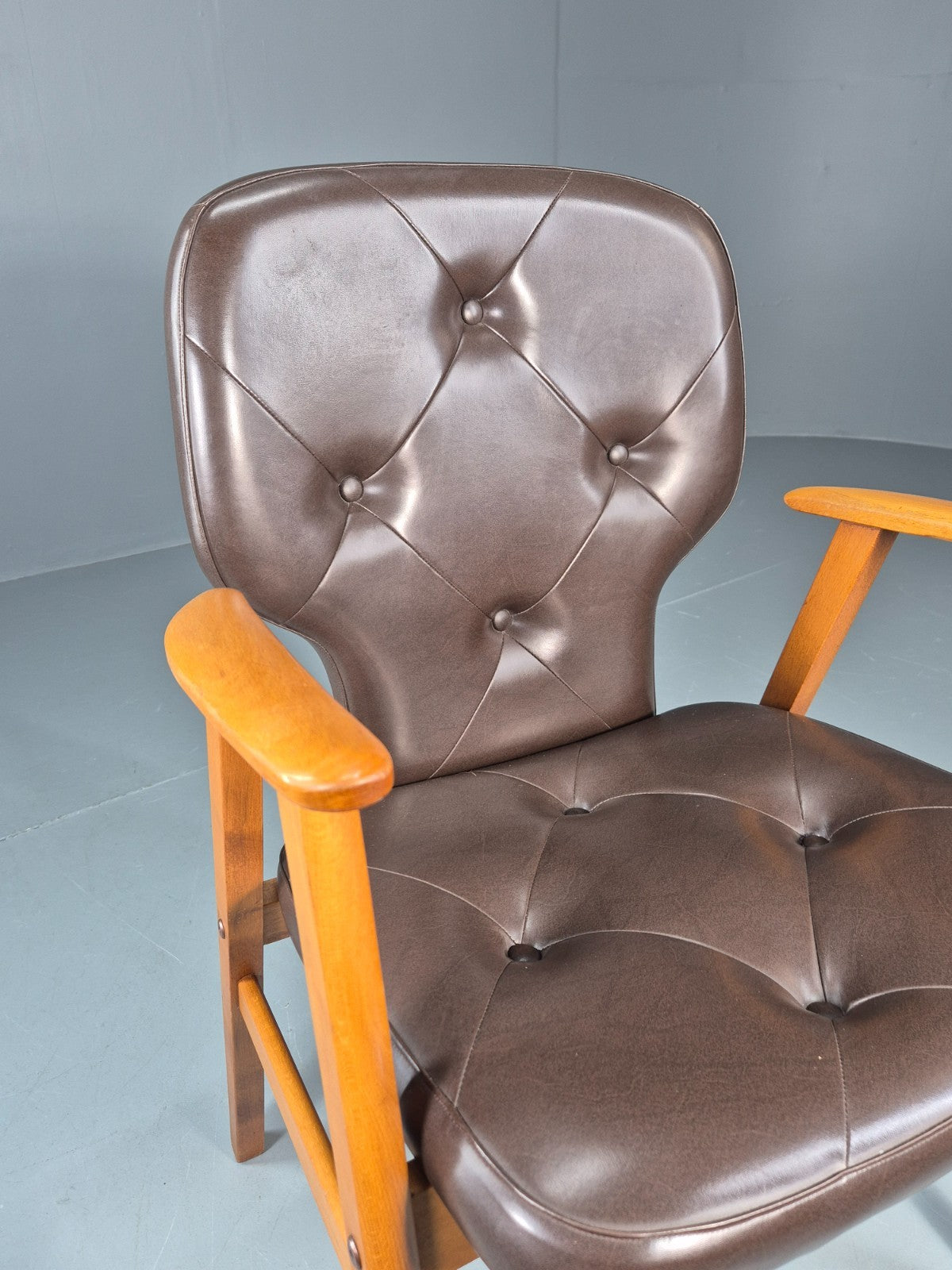 Mid Century Lounge Chair Vintage Swedish 1960s Beech Brown Vinyl EB11139 MNOR4