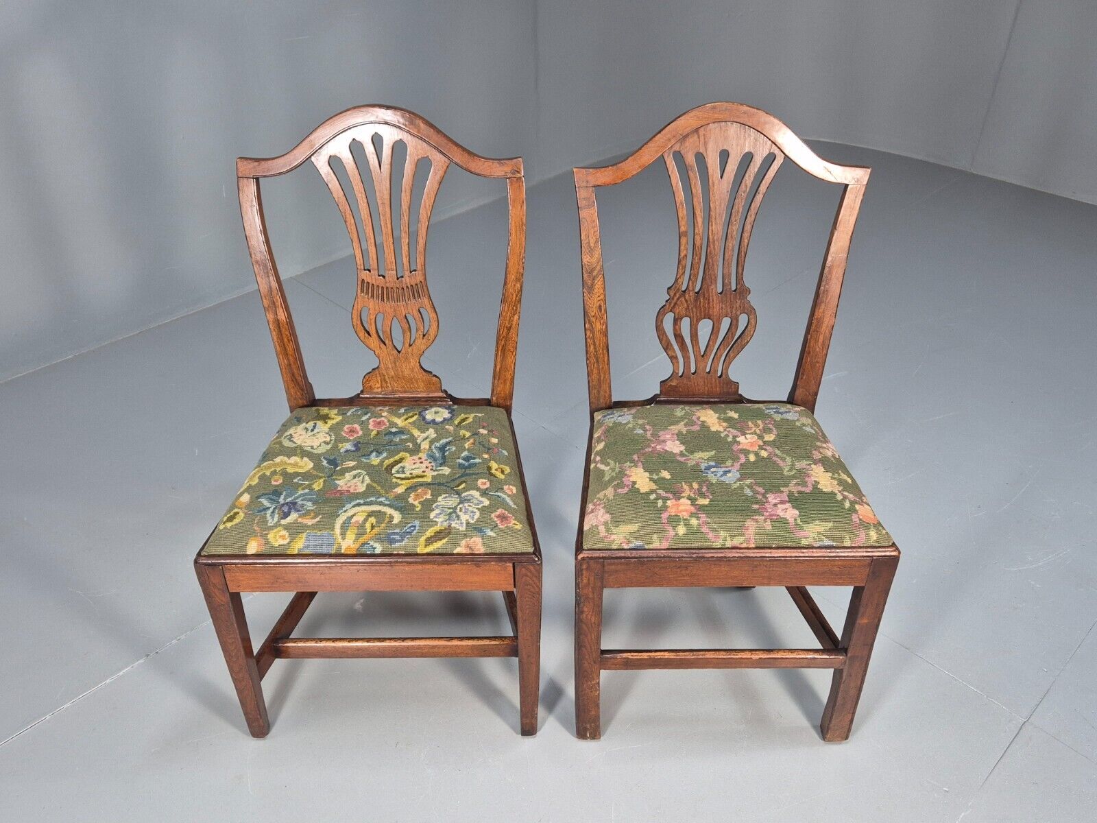 2 Vintage Oak Dining Chairs Green Floral Georgian Style Antique EB9084 VDIN - UKDK FURNITURE