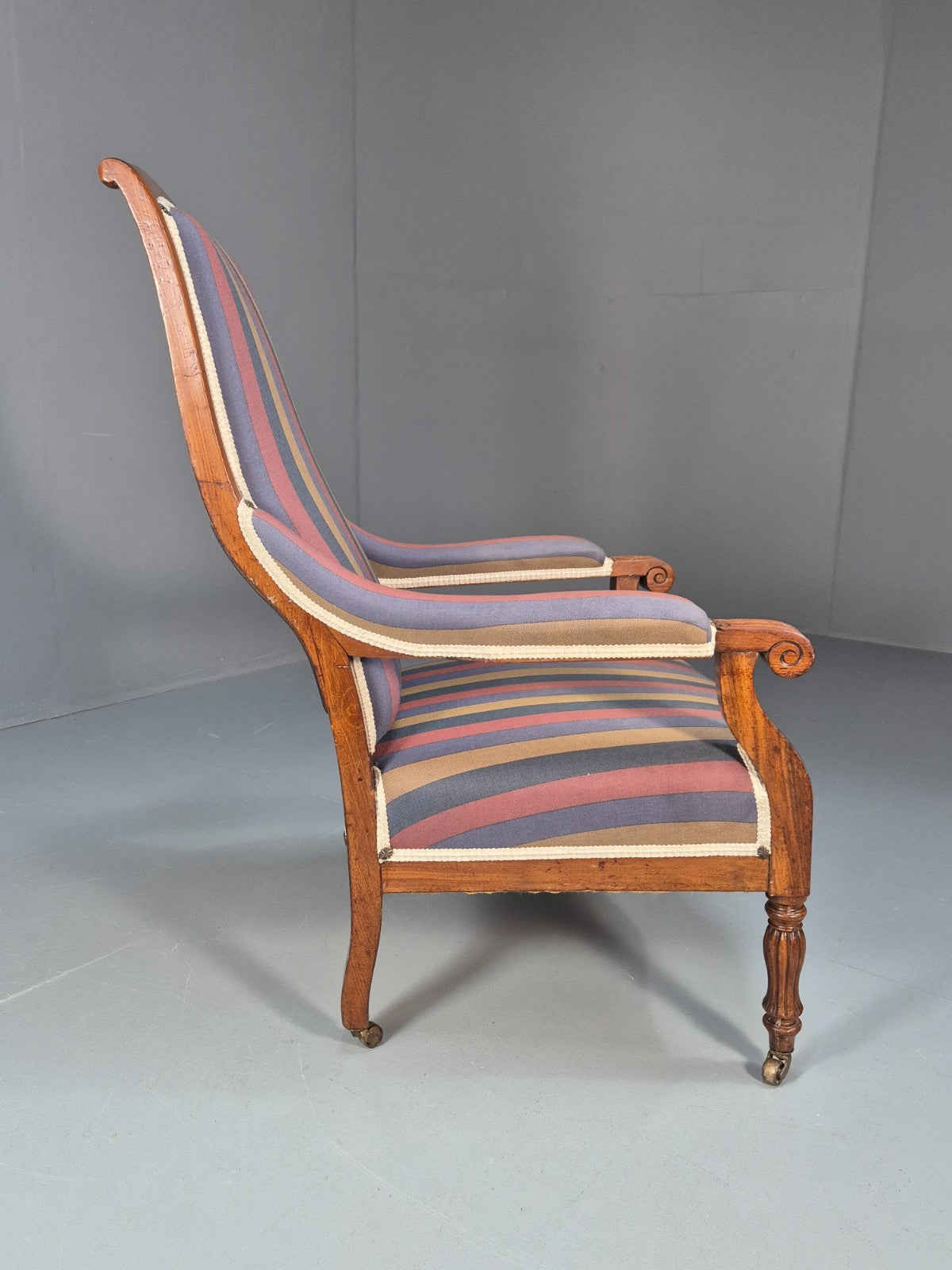 Antique Mahogany Lounge Chair Striped Cotton Upholstery EB10625 VCLO13
