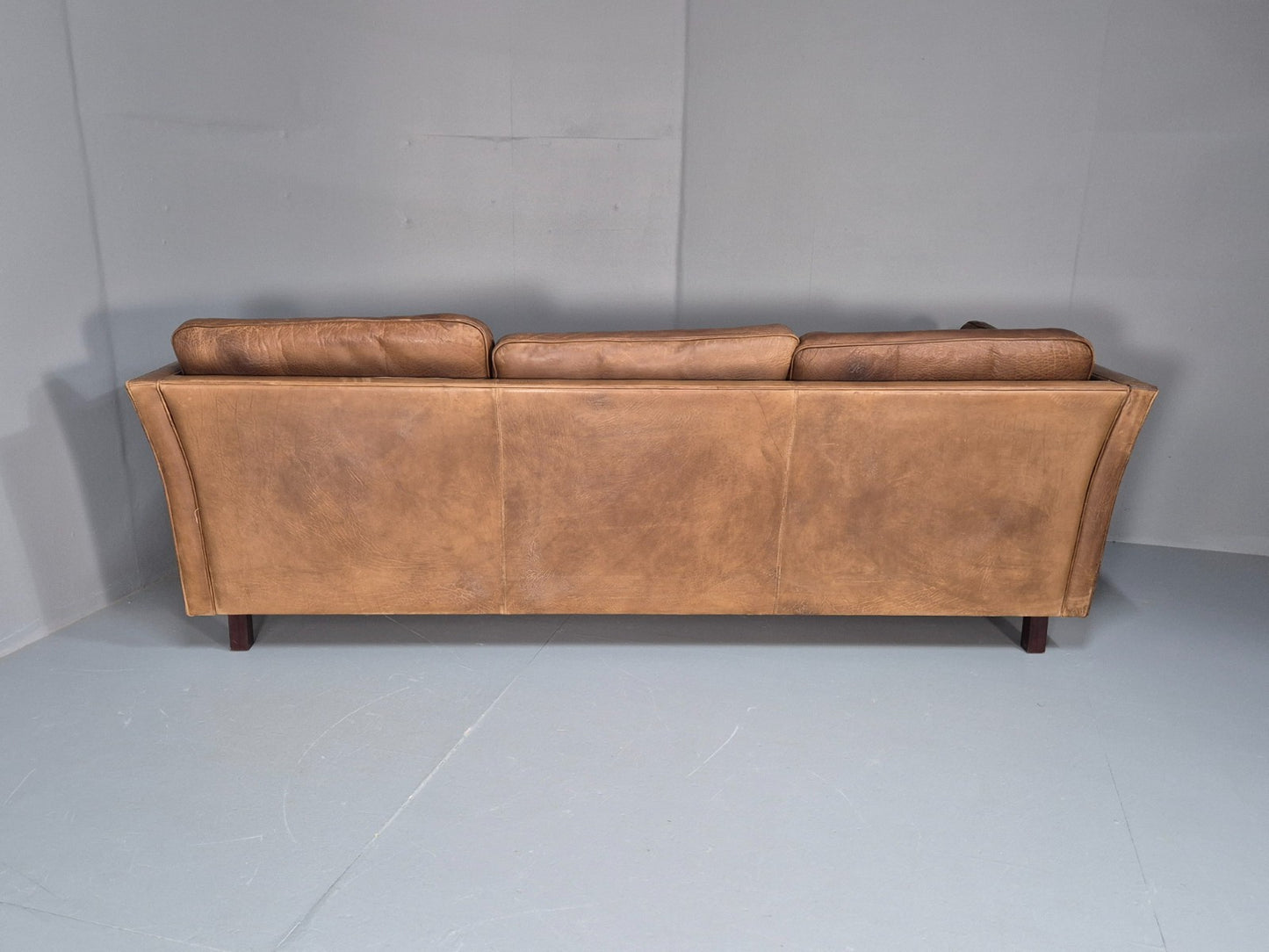 Mid Century 3 Seater Leather Sofa Danish Tan Leather  1970s Retro EB10102 M3SS17