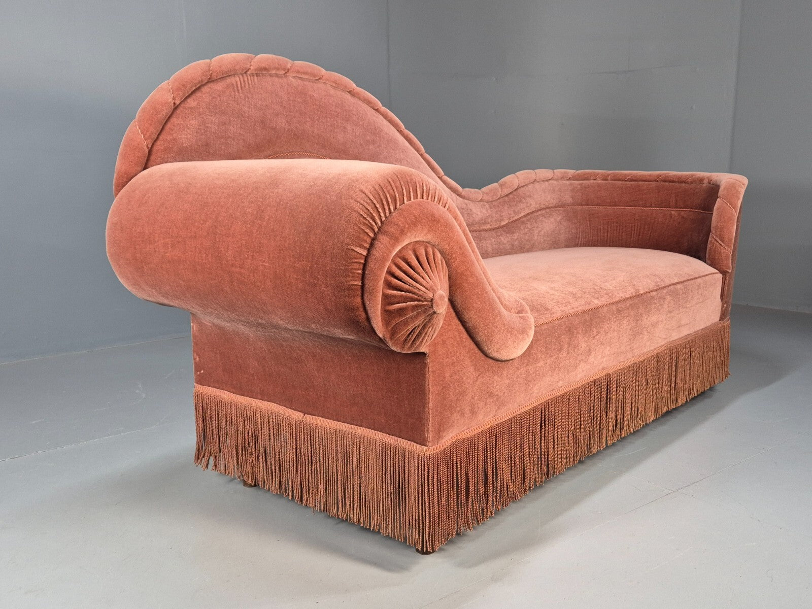 Vintage Danish Art Deco Chaise Lounge Pink Velour Tassels 1930s EB9664 VCHA - UKDK FURNITURE