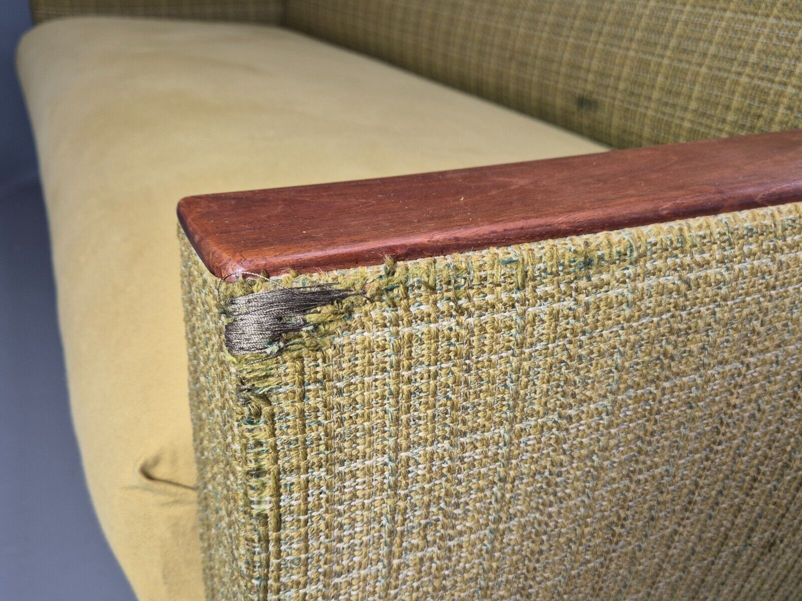 Vintage Danish 2 Seat Sofa Green Wool Teak Arms Retro MCM EB8900 M2SS - UKDK FURNITURE