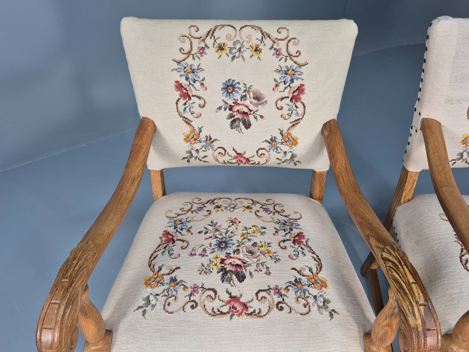 2 Baroque Elbow Chairs Oak Frame Vintage Denmark Floral Upholstery EB10727 VCAR4