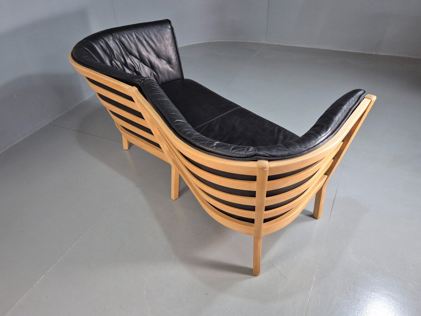 Vintage Danish 2 Seat Sofa Black Leather Beech Stouby Retro MCM EB7447 M2SS - UKDK FURNITURE