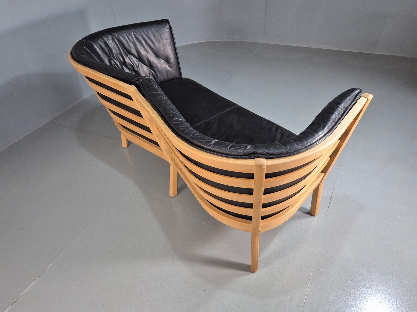 Vintage Danish 2 Seat Sofa Black Leather Beech Stouby Retro MCM EB7447 M2SS - UKDK FURNITURE