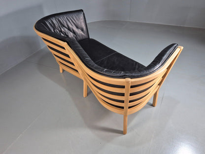 Vintage Danish 2 Seat Sofa Black Leather Beech Stouby Retro MCM EB7447 M2SS - UKDK FURNITURE