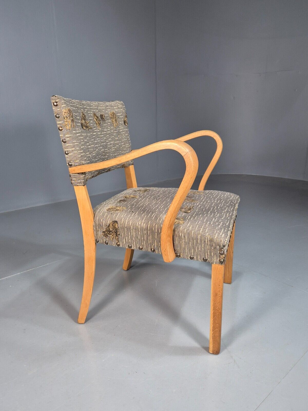 Vintage Danish Elbow Chair Tiger Motif Grey Beech Wood 1950s Retro EB8005 MDIN - UKDK FURNITURE