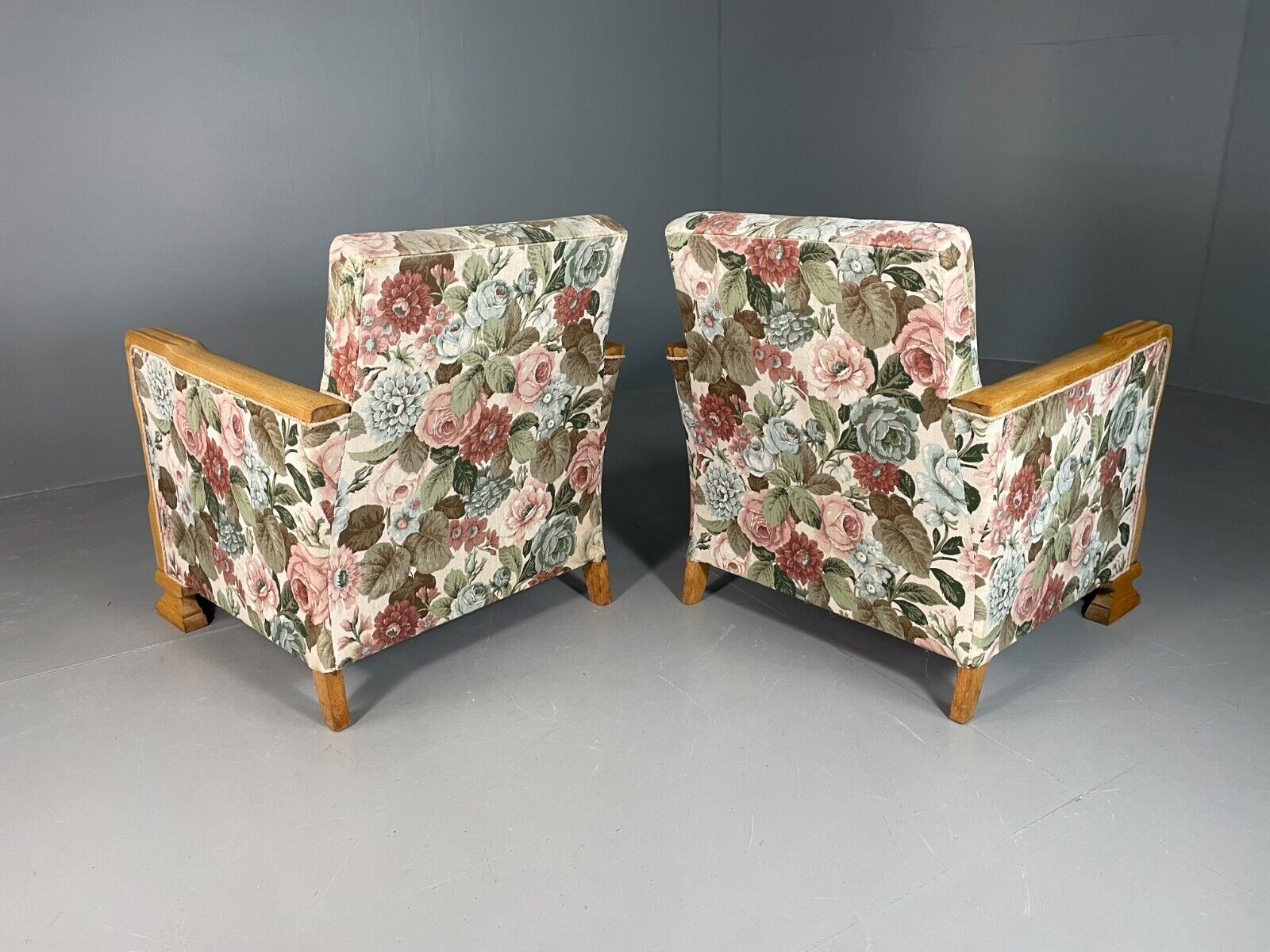 EB6654 2 Vintage Danish Lounge Chairs Floral Honey Oak Art Deco Antique VCLO - UKDK FURNITURE