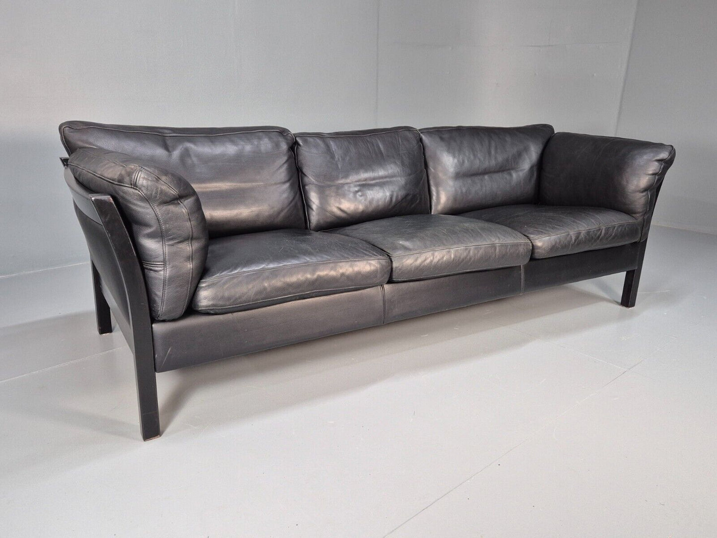Vintage Danish 3 Seat Sofa Black leather Wood Frame Retro 1980s MCM EB8698 M3SS - UKDK FURNITURE
