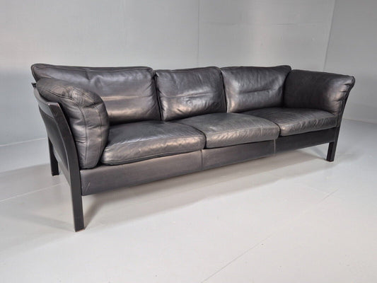 Vintage Danish 3 Seat Sofa Black leather Wood Frame Retro 1980s MCM EB8698 M3SS - UKDK FURNITURE