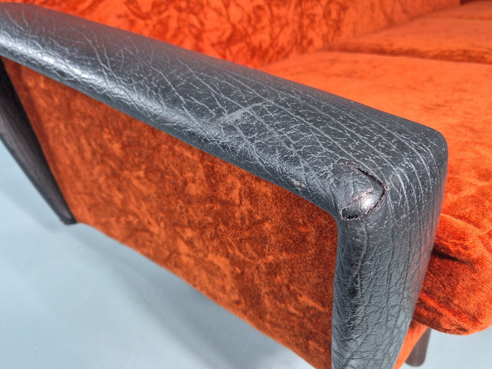 Vintage 3 Seater Sofa Vinyl Orange Velour 1960s Retro Mid Century EB11333 M3SS10