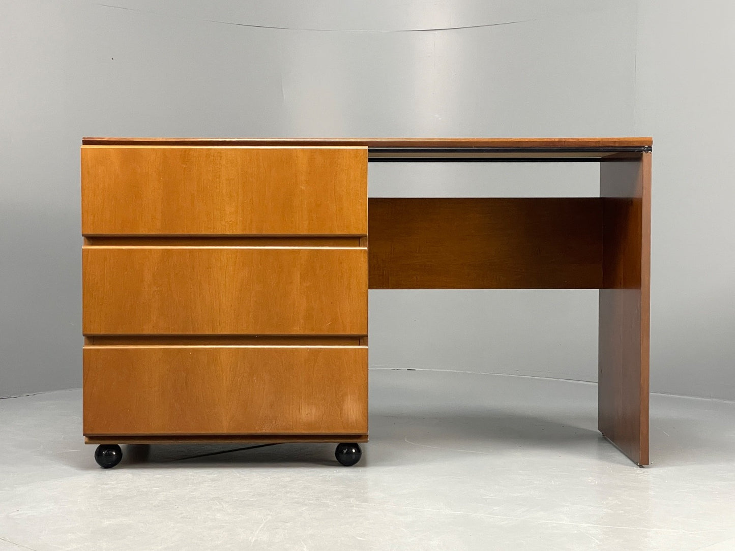 Vintage 1980s Cherry Desk Three Drawers Ball Feet Post Modern EB11058 MWOO2