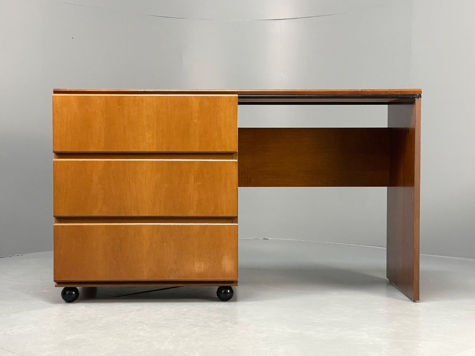 Vintage 1980s Cherry Desk Three Drawers Ball Feet Post Modern EB11058 MWOO2