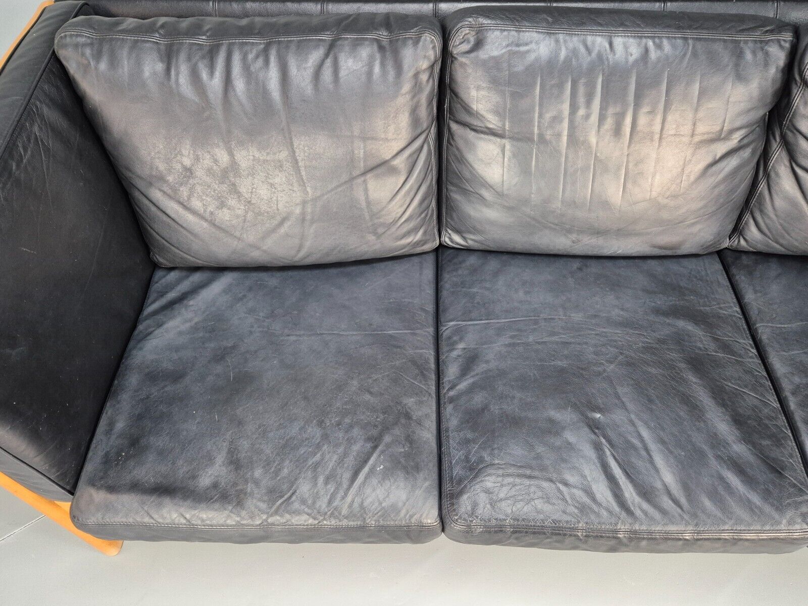 Vintage 3 Seat Sofa Black Leather Beech Ends Stouby Retro 1980s MCM EB8593 M3SS - UKDK FURNITURE