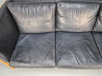 Vintage 3 Seat Sofa Black Leather Beech Ends Stouby Retro 1980s MCM EB8593 M3SS - UKDK FURNITURE