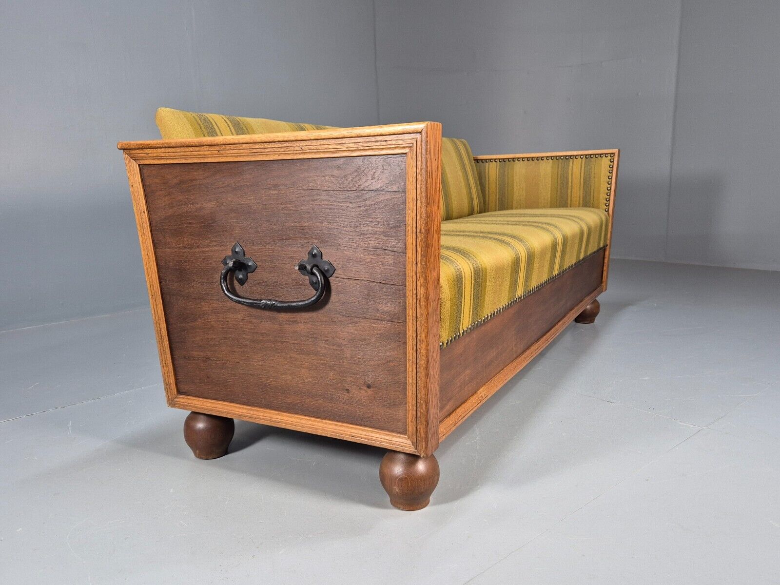 Vintage Danish 3 Seat Sofa Gold Green Wool Oak Frame Antique Style EB8942 V3SS - UKDK FURNITURE